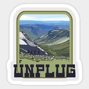 UNPLUG Retro Vintage Posted Mountain Range With A River And Hikers Running With A Great View Sticker